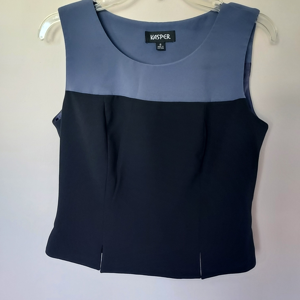 Kasper Color Block Lined Sleeveless Top Blue & Black Career Office Work Church